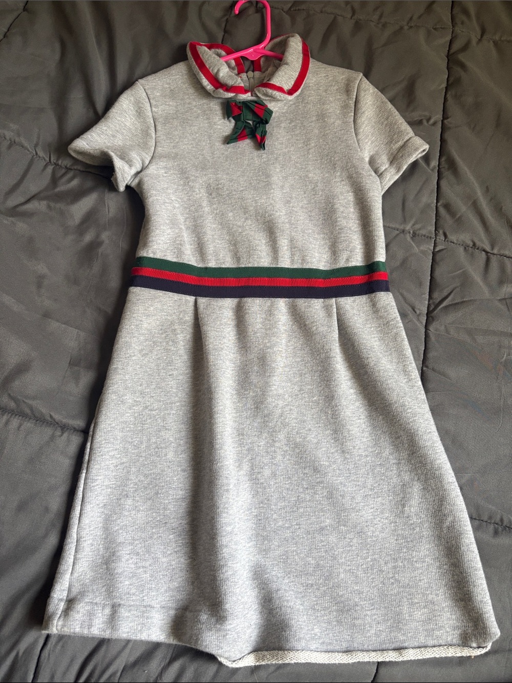 Gucci Girls' Grey Knit Dress with Green & Red Trim